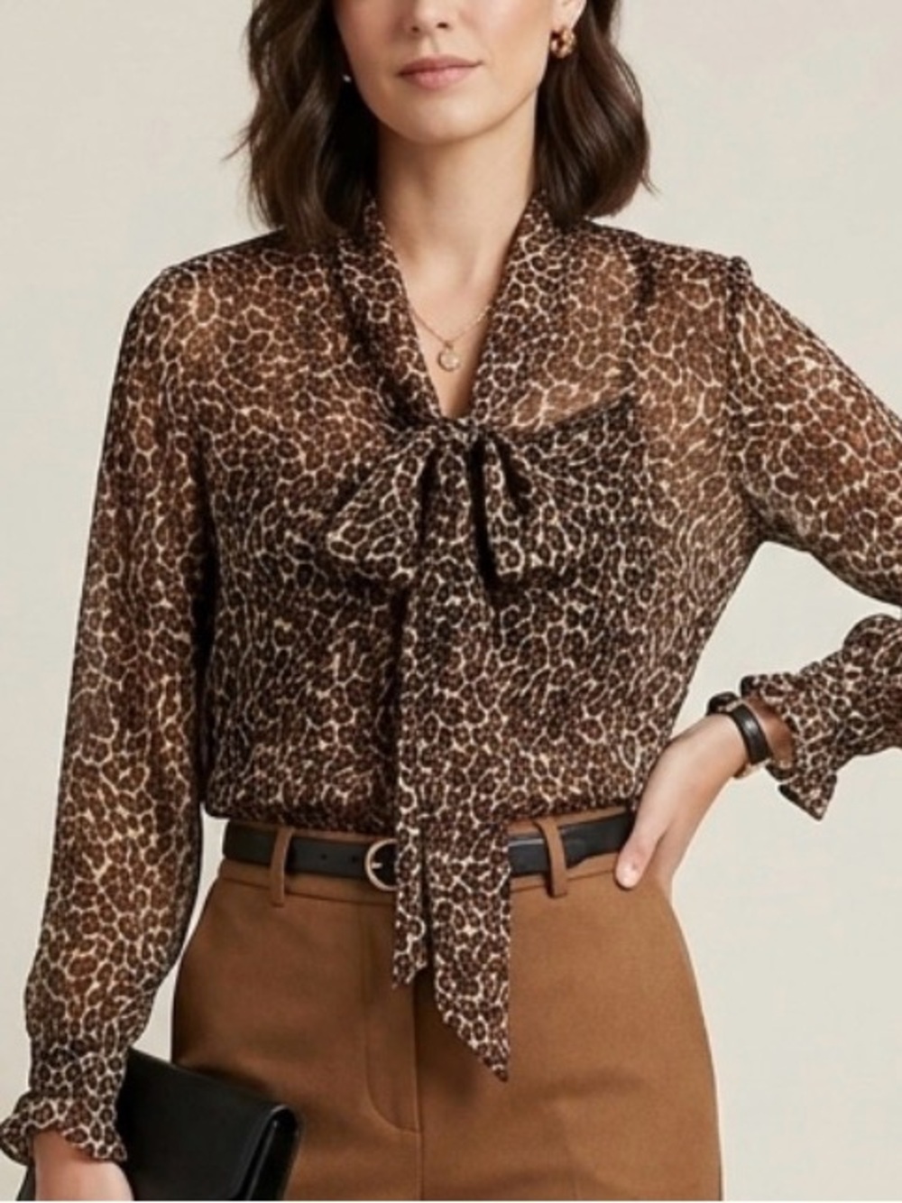 Primark Brown Leopard Tie-Neck Blouse